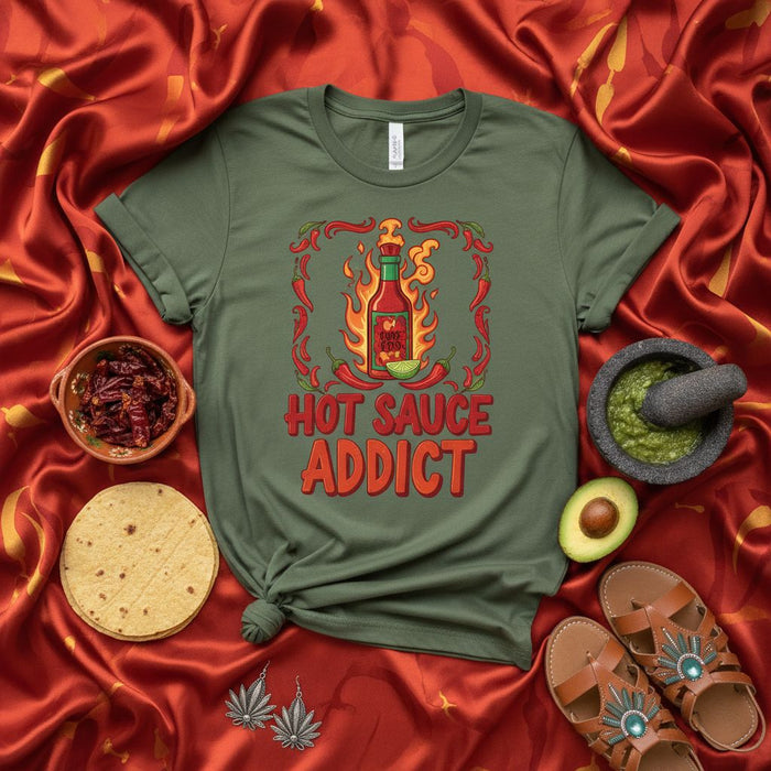 Hot Sauce Addict T-Shirt Spicy Food Lover Gift Men's Women's Unisex Tee Shirt with Chili Pepper Design and Funny Foodie Saying