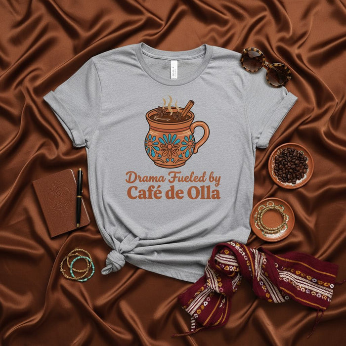 Drama Fueled by Café de Olla T-Shirt, Unisex Mexican Coffee Shirt, Spanglish Quote Tee, Clay Mug Design, Dia de Muertos Gift, Latina Apparel, Cozy Warm Drink