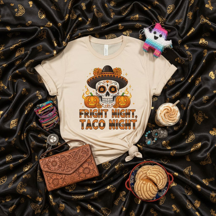Camiseta Noche de Miedo Noche de Tacos, Calavera de Azúcar Sombrero Calabaza Halloween, Día de Muertos Aterradora Graciosa Unisex