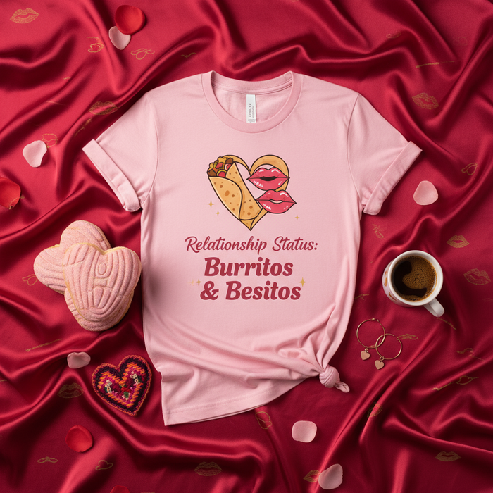Relationship Status: Burritos & Besitos T-Shirt, Funny Valentine's Day Shirt, Pink Unisex Tee, Burrito Lover Gift, Latina Apparel, Mexican Food Humor, Cute Couple Shirt, Love and Kisses, Spanglish Saying