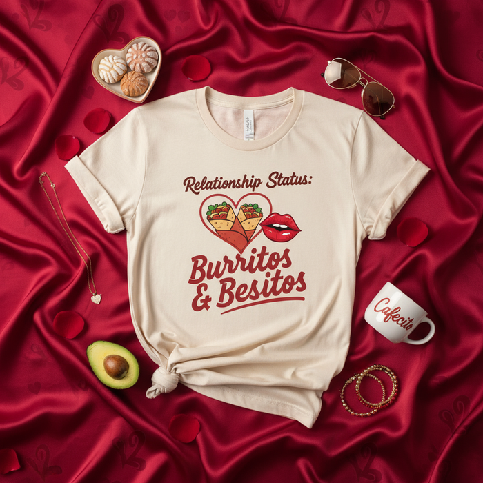 Stato Sentimentale: Maglietta Burritos & Besitos, T-Shirt Divertente Amore Cibo San Valentino, Maglia Unisex, Design Cuore con Burritos e Labbra, Tazza Cafecito, Avocado, Regalo per Partner