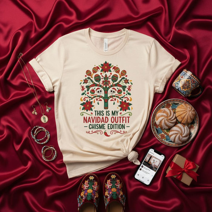This is My Navidad Outfit Chisme Edition Shirt, Mexican Christmas Tree Skull Art T-Shirt, Poinsettia Floral Holiday Top, Funny Spanish Christmas Gift Tee