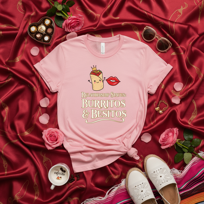 Camiseta Estatus de Relación Burritos y Besitos, Polera Divertida Beso de Burrito Rey, Camisa de Juego de Palabras Beso Español, Regalo de Amor San Valentín, Camiseta Gráfica Rosa Unisex
