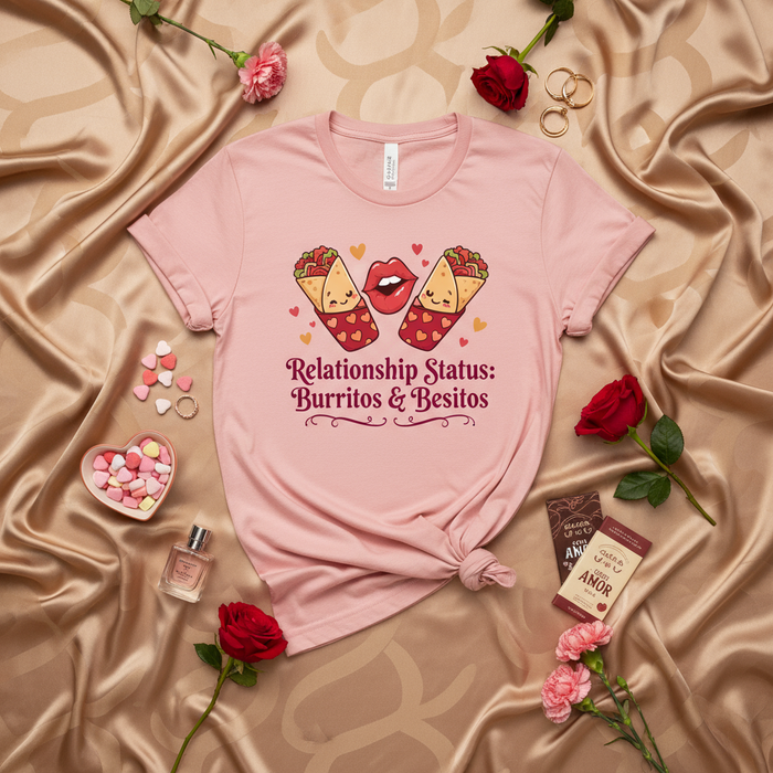 Estado Civil: Burritos y Besitos Camiseta Divertida de San Valentín, Linda Camiseta para Parejas Amantes de la Comida, Camisa Rosa Unisex para Aniversario