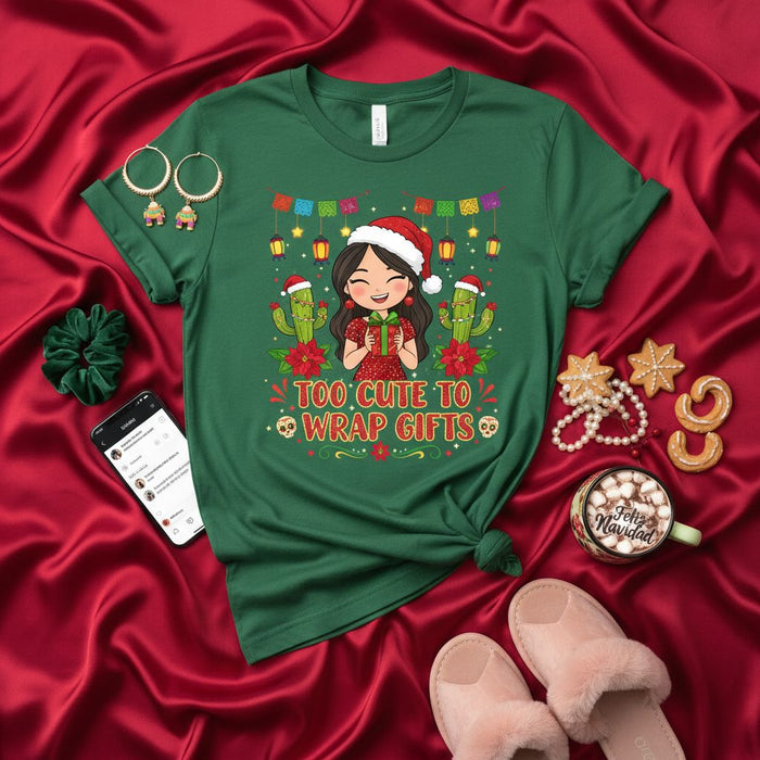 Too Cute to Wrap Gifts Shirt, Funny Christmas Cactus Holiday T-Shirt, Cute Girl in Santa Hat with Poinsettia and Papel Picado, Feliz Navidad Graphic Tee for Women