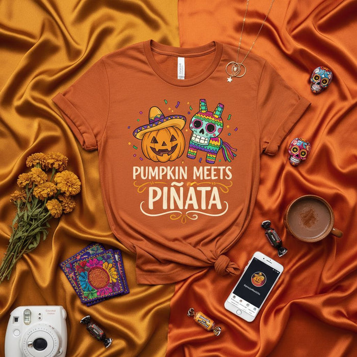 Pumpkin Meets Piñata Shirt, Halloween Fiesta T-Shirt, Jack-O'-Lantern Pinata Day of the Dead Sugar Skulls Tee, Fall Autumn Trick or Treat Party Unisex Graphic Top