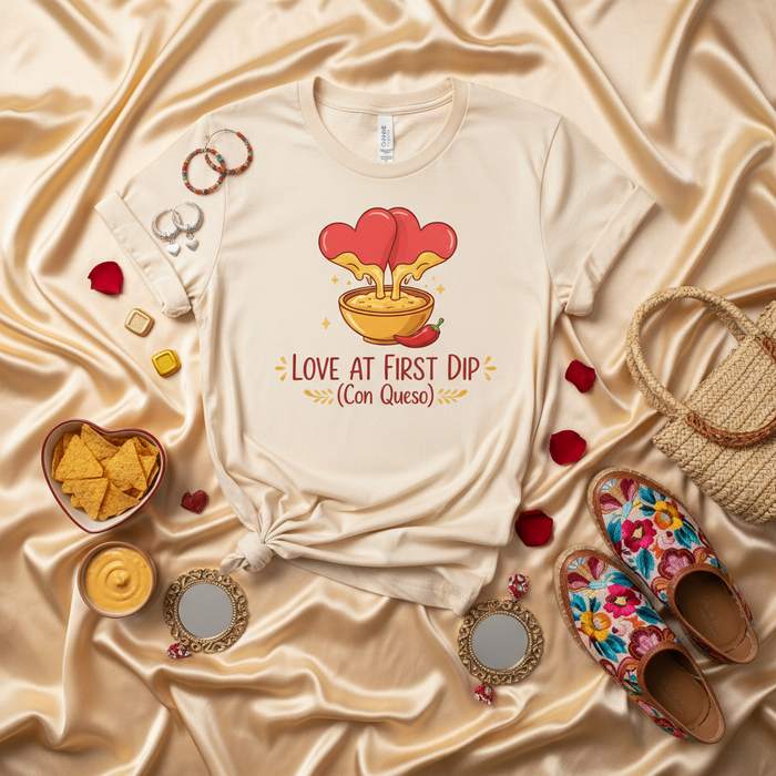 Love at First Dip (Con Queso) Unisex T-Shirt, Funny Cheese Dip Lover Tee, Nacho Chips & Queso Gift Shirt, Foodie Apparel, Valentine's Day Shirt, Mexican Food.