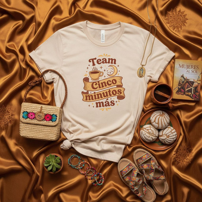 Team Cinco Minutos Más T-Shirt Spanish Quote Funny Sleep Morning Coffee Cookie Graphic Tee Unisex Latino Latina Gift Apparel.