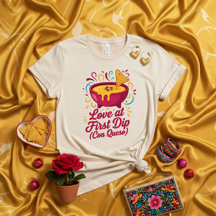 Amor al primer bocado (Con Queso) Camiseta Unisex, Camiseta Gráfica de Dip de Queso Nacho, Camisa para Foodie, Regalo para Amante del Queso, Ropa Divertida de Comida Mexicana
