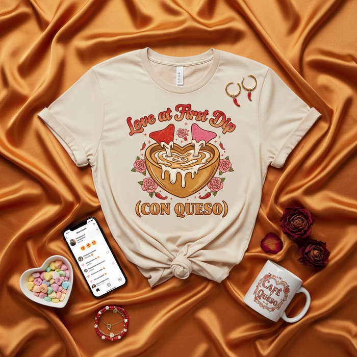 Love at First Dip (Con Queso) Unisex T-Shirt, Funny Valentine's Day Shirt, Nacho Cheese Dip Graphic Tee, Spicy Chili Peppers, Romantic Food Lover Gift, Cute Roses Heart Design Top for Men and Women