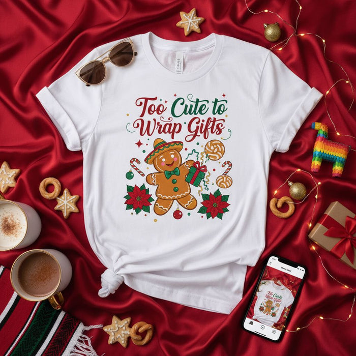Too Cute to Wrap Gifts Gingerbread Man T-Shirt, Funny Christmas Mexican Fiesta Tee, Holiday Poinsettia Candy Cane Graphic Shirt, Cute Xmas Party Gift for Him or Her, Unisex Adult Sizing