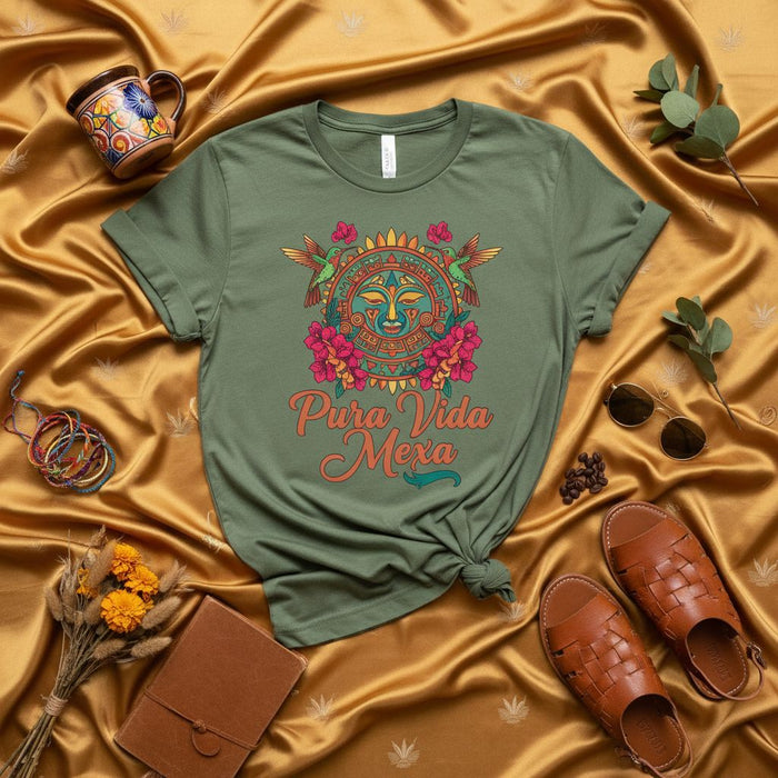 Pura Vida Mexa T-Shirt Costa Rica Mexico Sun Mayan Aztec Design Unisex Graphic Tee