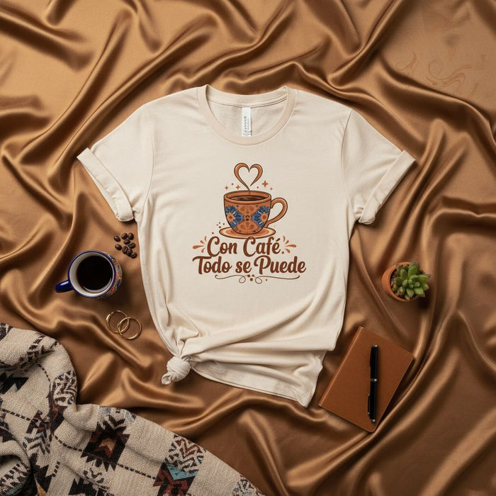 Con Café Todo Se Puede T-Shirt, Coffee Lover Spanish Quote Tee, Cute Latina Gift, Retro Boho Coffee Mug Graphic Shirt