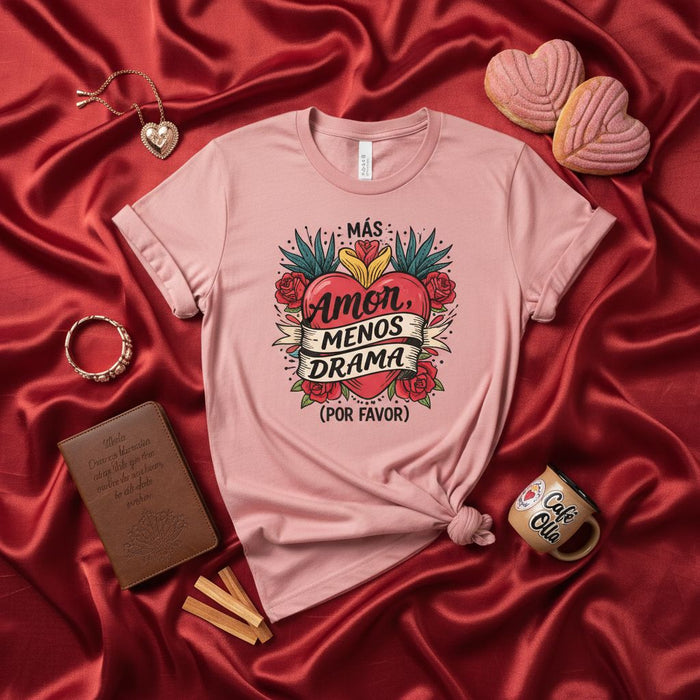 Più Amore Meno Drammi Per Favore Maglietta, Citazione Spagnola, Design Cuore Floreale, Regalo San Valentino, Maglia Latinx Carina, Top Grafico Unisex Amore