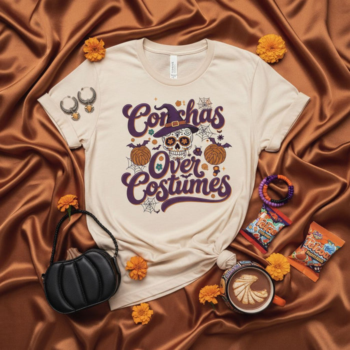 Conchas Over Costumes, Halloween Sugar Skull T-Shirt, Día de Muertos Shirt, Spooky Season Tee, Fall Latte Concha Bread Graphic, Unisex Latinx Gift Idea, Mexican Culture Apparel