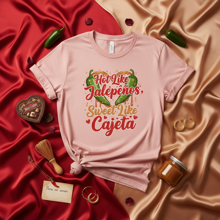 Hot Like Jalapeños Sweet Like Cajeta T-Shirt, Spicy and Sweet Valentine's Day Shirt, Romantic Mexican Food Pun Tee, Cinco de Mayo Apparel, Unisex Gift for Her or Him, Funny Pepper and Caramel Top