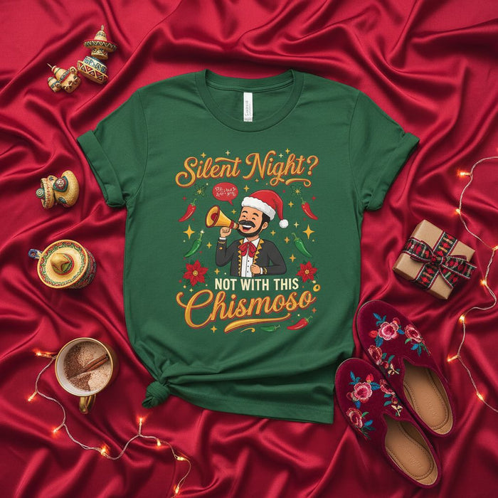 Silent Night? Not With This Chismoso, Funny Christmas T-Shirt, Santa with Megaphone, Chiles, Poinsettia, Spanish English Humor Holiday Tee Shirt Gift
