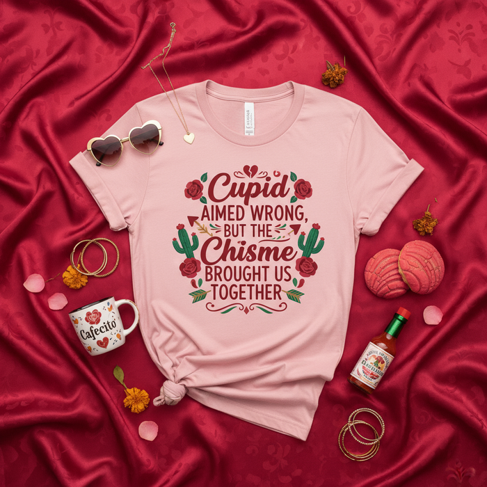 Cupido Apuntó Mal Pero el Chisme Nos Unió Camiseta | Divertida Camisa Spanglish de San Valentín con Rosas y Cactus | Regalo Latinx Cómico | Camisa Gráfica Rosa Unisex