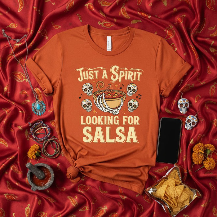 Just a Spirit Looking for Salsa T-Shirt Day of the Dead Sugar Skull Skeleton Bones Mexican Food Funny Halloween Unisex Graphic Tee Shirt Gift Idea