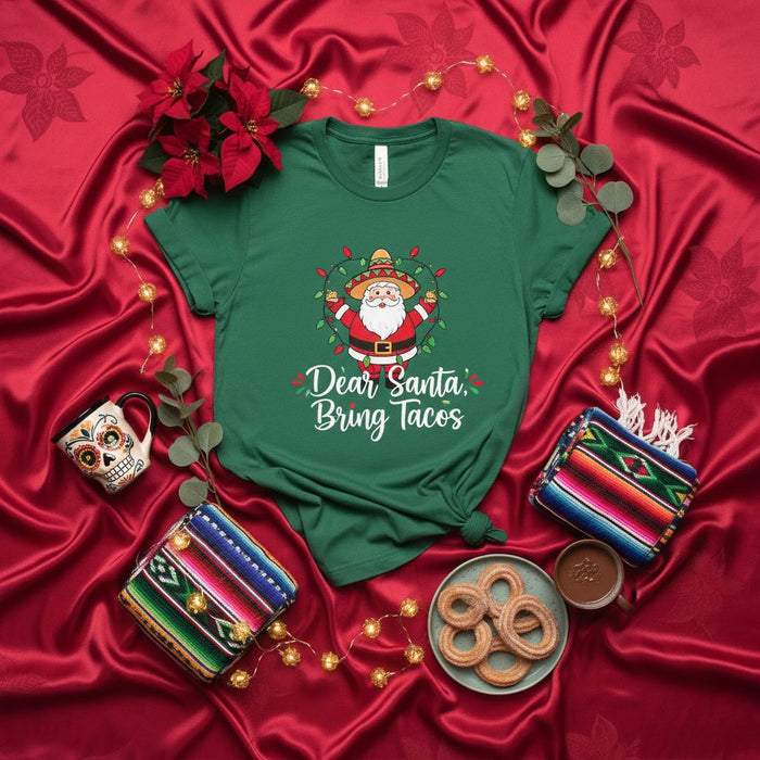 Dear Santa Bring Tacos Shirt, Funny Christmas Santa Sombrero Tee, Mexican Fiesta Holiday Party Apparel, Taco Lover Gift, Unisex Xmas Graphic T-Shirt