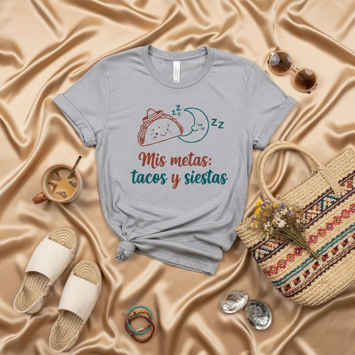 Mis metas: Tacos y Siestas T-Shirt, Funny Sleeping Taco and Moon Graphic Tee, Unisex Spanish Quote Shirt for Food and Nap Lovers