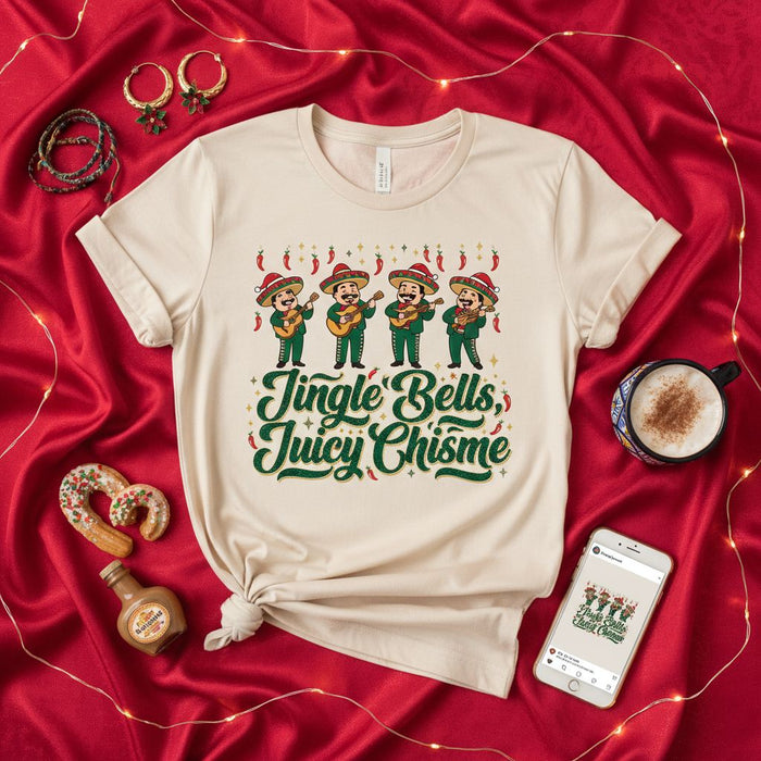 Jingle Bells, Maglietta Juicy Chisme, Divertente Camicia di Natale Mariachi, Maglietta Stile Maglione di Natale Brutto, Top da Festa, Tema Messicano Fiesta, Maglietta Grafica Peperoncini e Sombrero