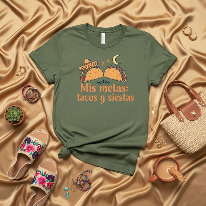 Mis metas: tacos y siestas Funny Spanish T-Shirt, Mexican Food Lover Tee, Siesta Sleep Shirt, Casual Unisex Graphic Top for Taco Tuesday.