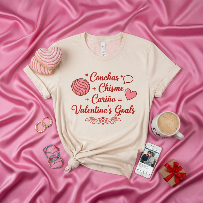 Conchas + Chisme + Cariño = Valentine's Goals T-shirt, Funny Spanish Valentine's Day Shirt, Cute Concha Pan Dulce Lover Tee, Latina Gift, Hispanic Heritage Love Shirt
