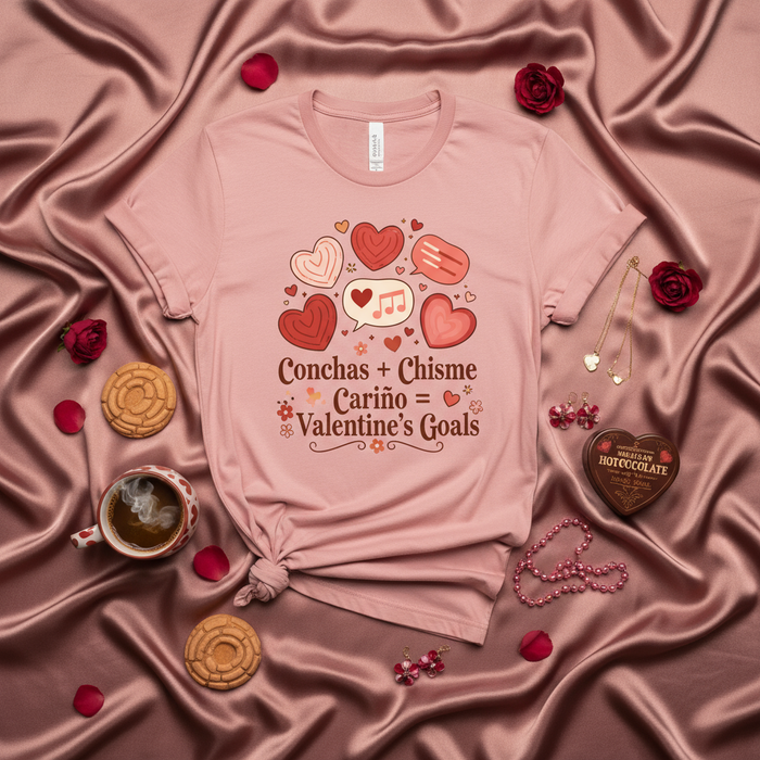 Conchas + Chisme + Cariño = Valentine's Goals Pink Unisex T-Shirt with Hearts and Music Note for Latina Culture Valentine's Day Gift