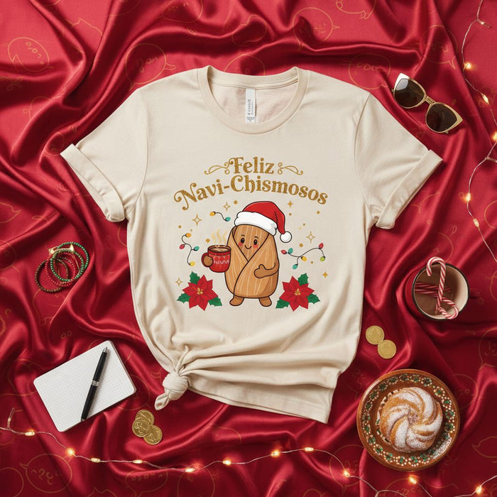 Feliz Navi-Chismosos Tamale Christmas T-Shirt, Cute Holiday Tamal with Santa Hat and Coffee Mug Tee, Funny Spanish Language Navidad Shirt, Festive Poinsettia Lights Design, Unisex Gift Top