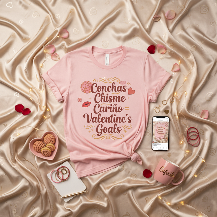 Camiseta Metas San Valentín Conchas Chisme Cariño, Camisa Unisex Rosa Día de San Valentín, Playera Amor Pan Dulce Mexicano, Regalo Chistoso Galentine Latina para Ella