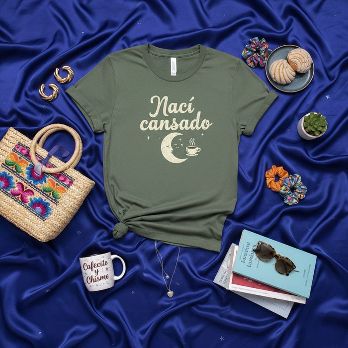 Müde Geboren Mond Kaffee T-Shirt, Spanischer Slang T-Shirt, Lustiges Hispanisches Müdigkeits Shirt, Unisex Latino Bekleidungsgeschenk, Media Luna Cafecito Y Chisme T-shirt