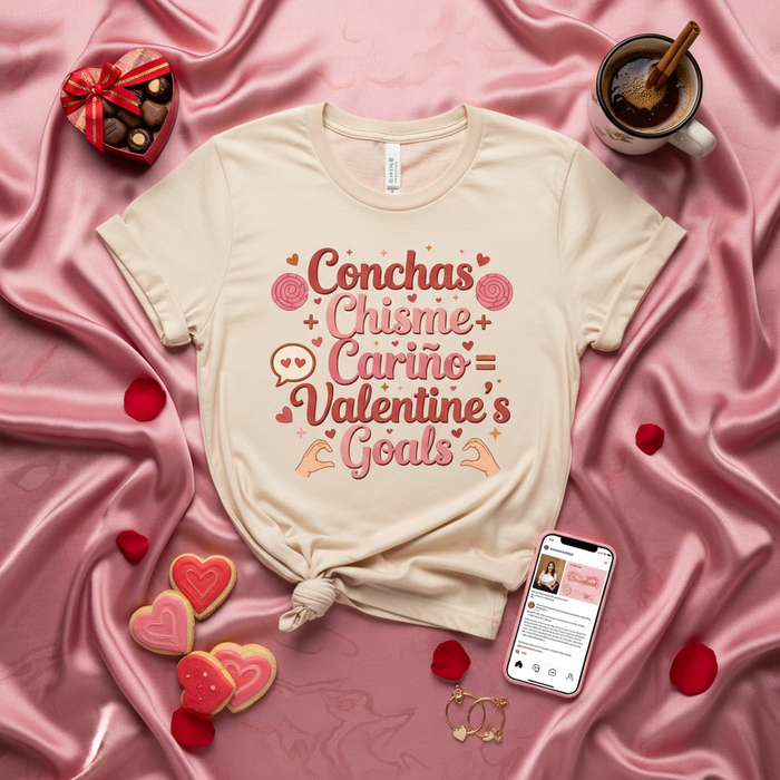 Conchas Chisme Cariño Valentine's Goals T-Shirt, Spanish-English Mix Tee, Latina Valentine's Day Shirt, Funny Valentine Gift, Cute Pink and Red Graphic Tee, Unisex Fit.