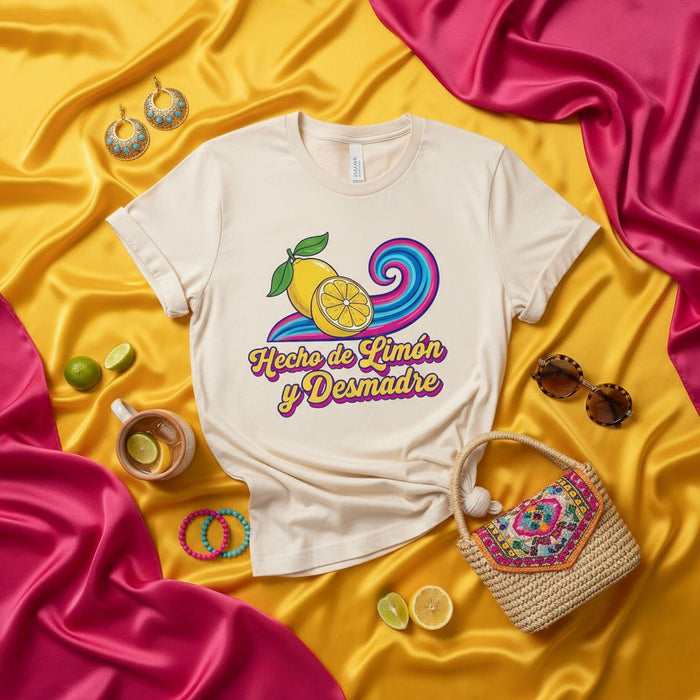 Fatta di Limone e Desmadre Maglietta, Divertente Maglietta Limone da Donna, Simpatica Maglietta con Citazione Spagnola, Regalo Latina, T-shirt Unisex Grafica per Amanti del Limone, Design Onda Vibrante