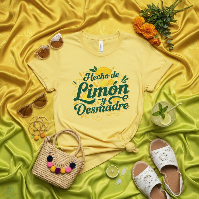 Hecho de Limón y Desmadre T-shirt Unisex Graphic Tee with Citrus Fruit Design in Spanish Funny Latinx Sarcastic Summer Top  (Character count: 205)