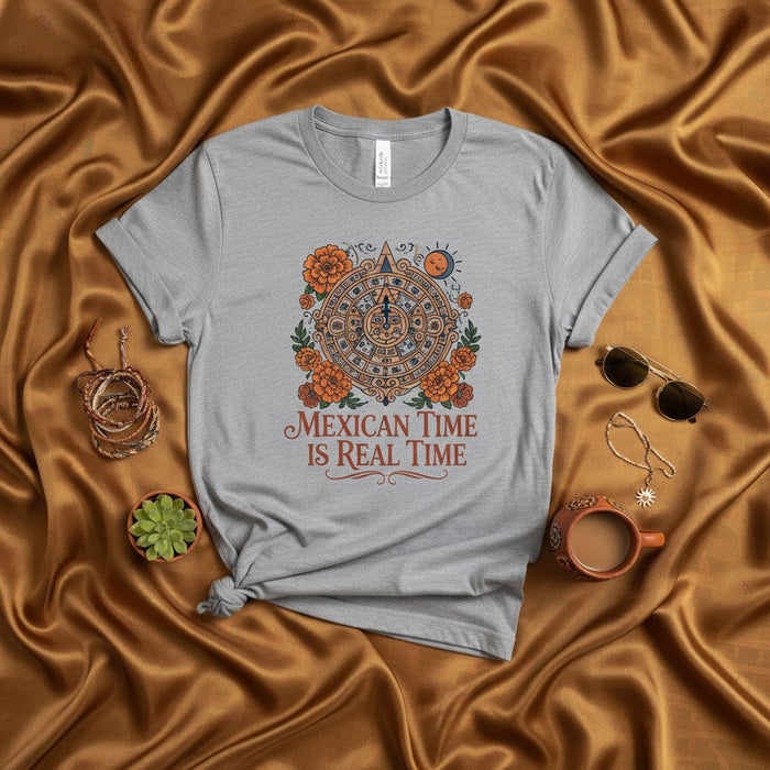 Mexican Time Is Real Time Aztec Calendar Sun and Moon T-Shirt with Marigold Flowers | Unisex Mexican Heritage and Culture Graphic Tee Shirt Gift