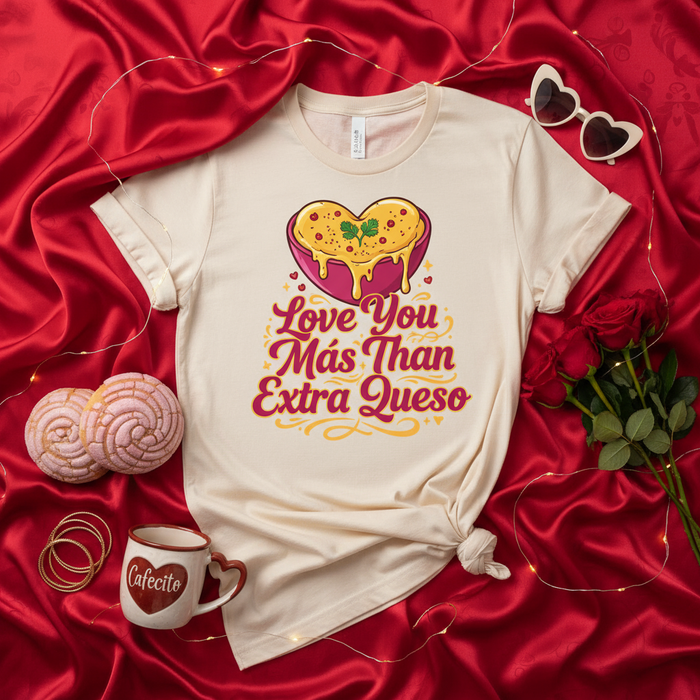 Ti Amo Più del Queso Extra Maglietta Divertente San Valentino Spagnolo Inglese Misto Top Grafico Cuore Salsa Formaggio Regalo Cinco de Mayo Camicia da Foodie per Lei o Lui