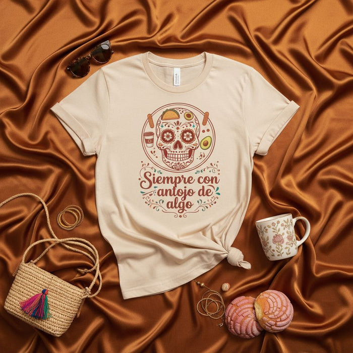 Siempre con antojo de algo Sugar Skull Day of the Dead T-Shirt, Cinco de Mayo Mexican Foodie Tee, Calavera Taco Avocado Concha Coffee Unisex Shirt