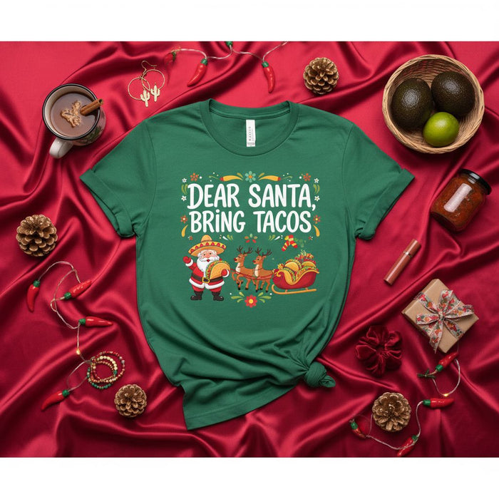 Dear Santa Bring Tacos Shirt, Funny Christmas Taco Lover Tee, Mexican Santa Claus Reindeer Sleigh Holiday Party Apparel, Festive Foodie Gift for Her Him