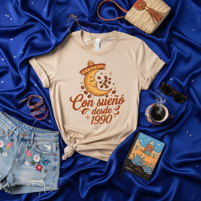 Con Sueño Desde 1990 T-Shirt, Mexican Fiesta Sleepy Moon Sombrero Coffee Lover Tee, Funny Birthday Gift Idea for Men Women Born in 1990