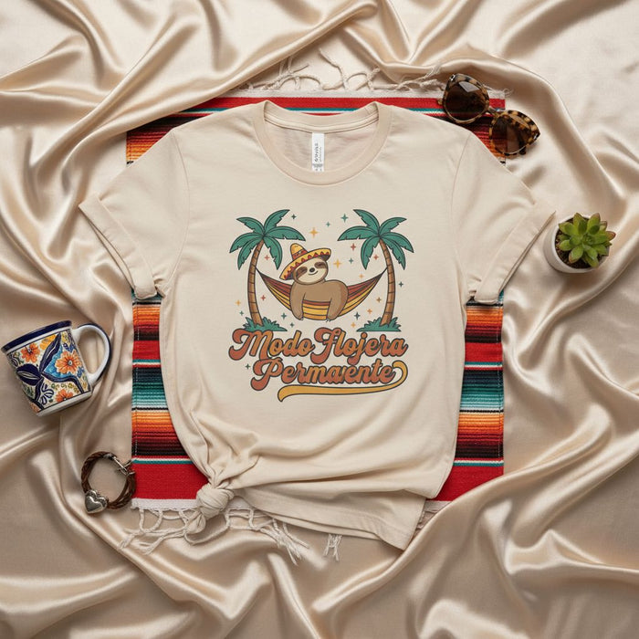 Modo Flojera Permanente Sloth in Sombrero Hammock T-Shirt | Funny Spanish Word Tee | Retro Vacation Palm Trees Unisex Shirt Gift Idea
