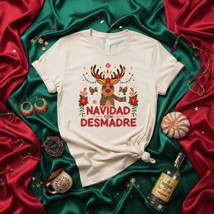 Navidad con Desmadre T-Shirt, Funny Reindeer Christmas Shirt, Mexican Christmas Party Tee, Cute Holiday Reindeer with Flowers and Scarf, Spanish Christmas Gift, Unisex Feliz Navidad Apparel