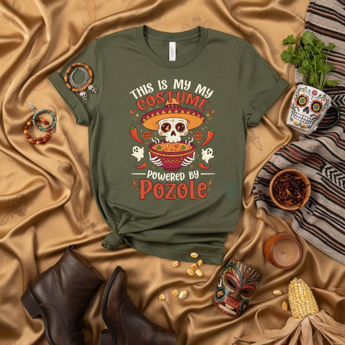 This Is My Costume Powered By Pozole Shirt Funny Halloween Food Lovers Gift Pozole Skeleton with Sombrero Fiesta Mexican Soup T-Shirt Unisex