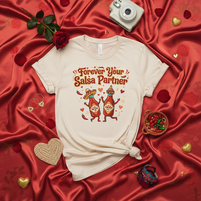 Forever Your Salsa Partner Funny Valentine's Day T-Shirt, Hot Sauce and Salsa Bottle Couple Shirt, Anniversary Gift for Partner, Mexican Food Lover Tee, Cute Graphic Unisex Shirt