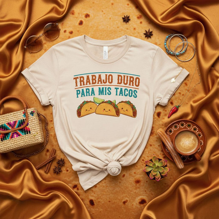 Trabajo Duro Para Mis Tacos Shirt, Funny Spanish Taco Lover T-Shirt, Cute Smiling Tacos Graphic Tee, Cinco de Mayo Fiesta Humor Unisex Gift Apparel, Foodie Vacation Outfit Top for Men Women