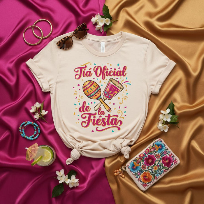 Tía Oficial de la Fiesta Shirt, Official Aunt of the Party Tee, Latina Family Celebration Maraca Bell T-Shirt, Cinco de Mayo Fiesta Auntie Gift Top, Spanish Saying Funny Relative Tee