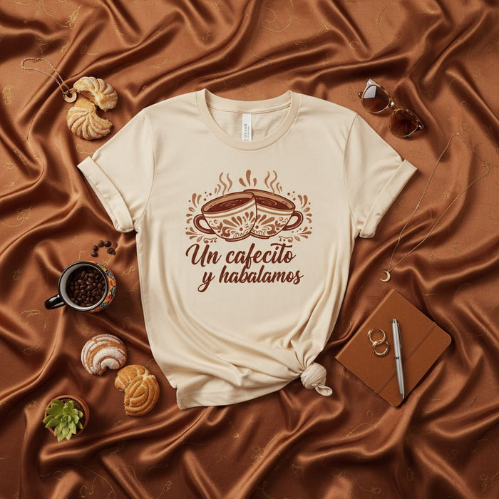 Un cafecito y hablamos T-Shirt, Spanish Coffee Lover Tee, Cute Hispanic Concha Pan Dulce Bakery Gift, Unisex Latina Latte Mug Shirt
