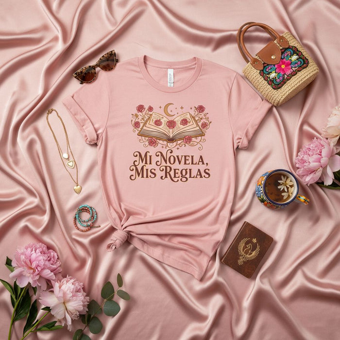 Mi Novela, Mis Reglas T-Shirt, Spanish Quote Tee, My Novel My Rules Shirt, Latina Book Lover Gift, Floral Book Graphic Top, Feminine Reader Apparel
