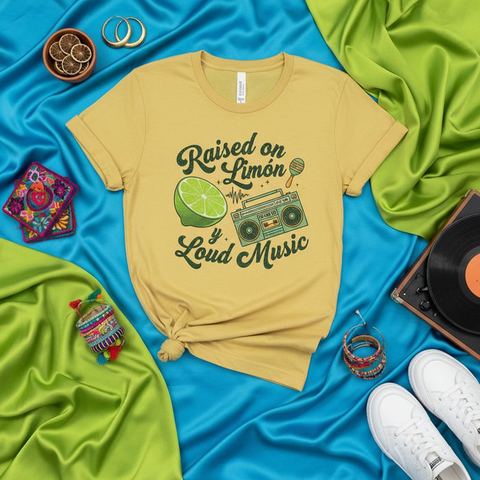 Raised on Limón and Loud Music T-Shirt, Unisex Graphic Tee with Lime and Boombox Design, Retro Music Lover Shirt, Latino Heritage Gift.