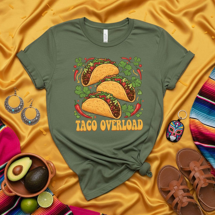 TACO OVERLOAD Funny Mexican Food Shirt Cinco de Mayo Graphic Tee Unisex Olive Green T-Shirt with Tacos and Chili Peppers